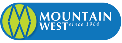 The mountain west logo on a blue background.