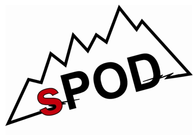 Spod logo with a mountain in the background.