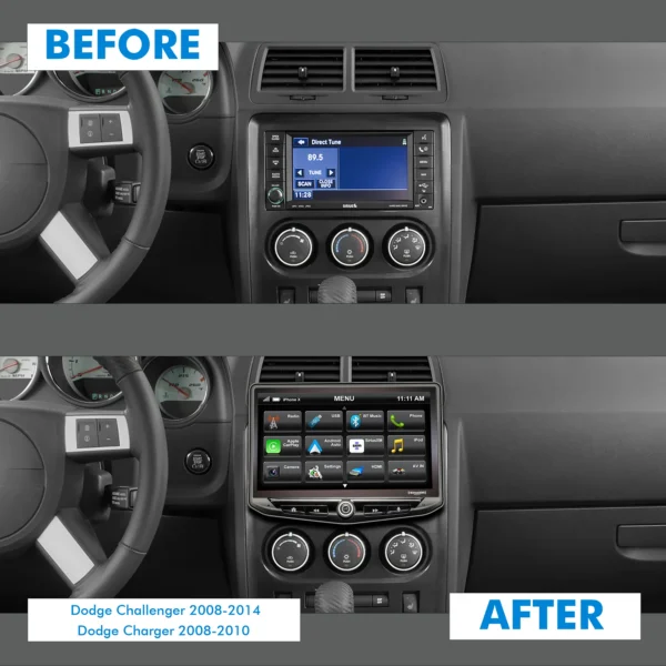 Before and after pictures of a Dodge Challenger (2008-2014) & Dodge Charger (2008-2010) HEIGH10 10" Touch Screen Plug-and-Play Radio Kit dashboard.