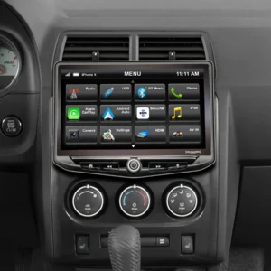 The dashboard of a car with a Dodge Challenger (2008-2014) & Dodge Charger (2008-2010) HEIGH10 10" Touch Screen Plug-and-Play Radio Kit, iPod, and GPS.