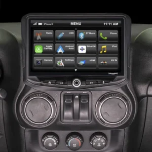 The dashboard of a Jeep Wrangler JK (2011-2018) HEIGH10 10" Touch Screen Radio Plug-and-Play Kit with a touch screen.