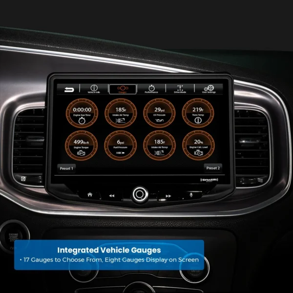 The dashboard of a Dodge Challenger (2008-2014) & Dodge Charger (2008-2010) HEIGH10 10" Touch Screen Plug-and-Play Radio Kit with an integrated car stereo.