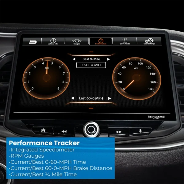 The dashboard of a car with a Dodge Challenger (2008-2014) & Dodge Charger (2008-2010) HEIGH10 10" Touch Screen Plug-and-Play Radio Kit performance tracker.