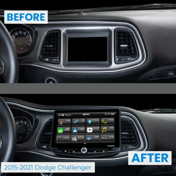 A before and after picture of the Dodge Challenger (2008-2014) & Dodge Charger (2008-2010) HEIGH10 10" Touch Screen Plug-and-Play Radio Kit's dashboard.