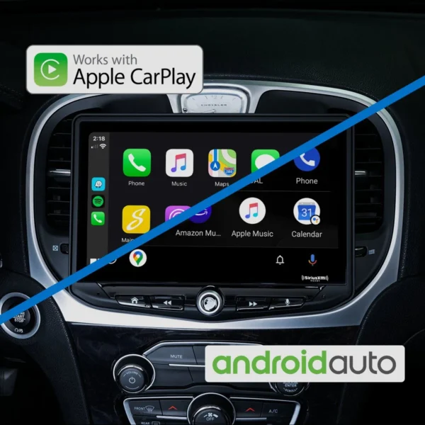 A Chevrolet Savana with the Dodge Challenger (2008-2014) & Dodge Charger (2008-2010) HEIGH10 10" Touch Screen Plug-and-Play Radio Kit, featuring Apple CarPlay and Android Auto.