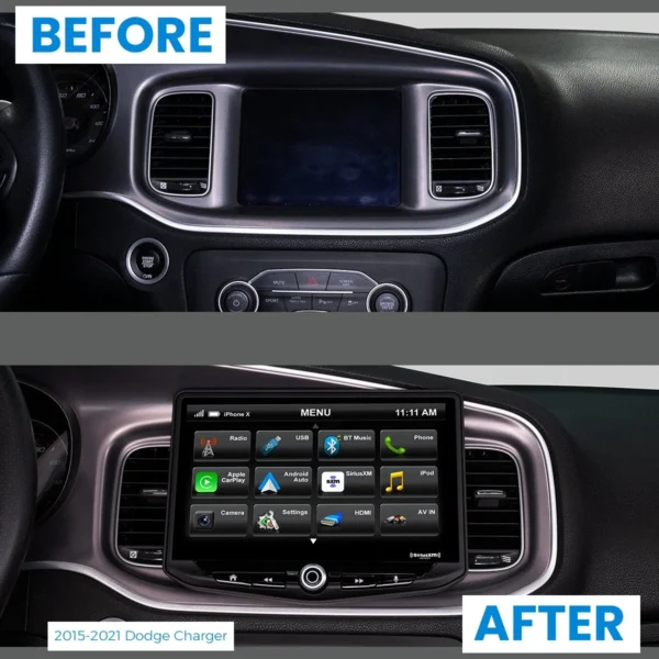 The before and after pictures of a Dodge Challenger (2008-2014) & Dodge Charger (2008-2010) HEIGH10 10" Touch Screen Plug-and-Play Radio Kit.