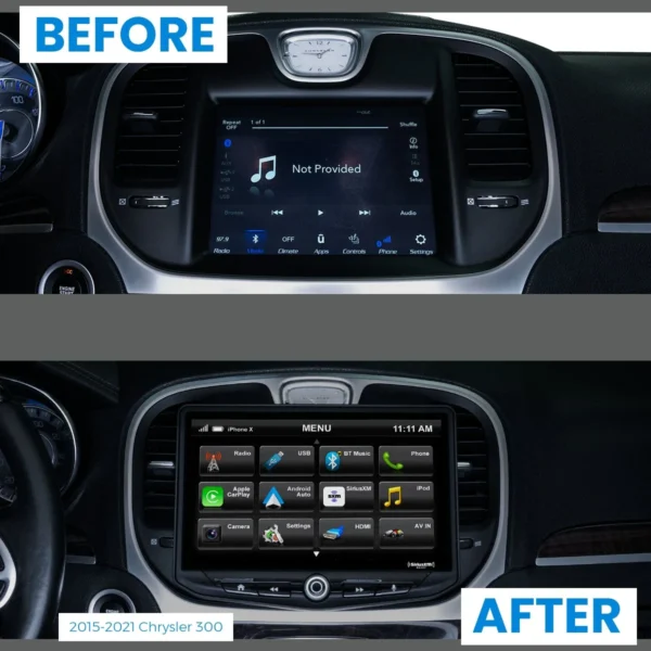 The before and after pictures of a Dodge Challenger (2008-2014) & Dodge Charger (2008-2010) HEIGH10 10" Touch Screen Plug-and-Play Radio Kit.