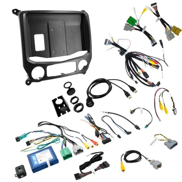 A Chevy Silverado and GMC Sierra (2014-2018) HEIGH10 10" Touch Screen Radio Plug-and-Play Kit and wiring kit for a car.