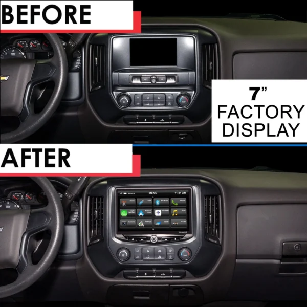 Chevy Silverado and GMC Sierra (2014-2018) HEIGH10 10" Touch Screen Radio Plug-and-Play Kit factory display before and after.