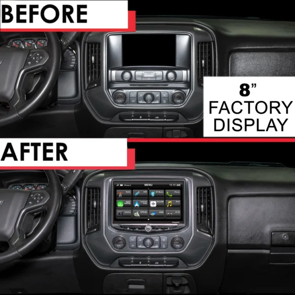 Chevrolet silverado factory display before and after should be replaced with Chevy Silverado and GMC Sierra (2014-2018) HEIGH10 10" Touch Screen Radio Plug-and-Play Kit.