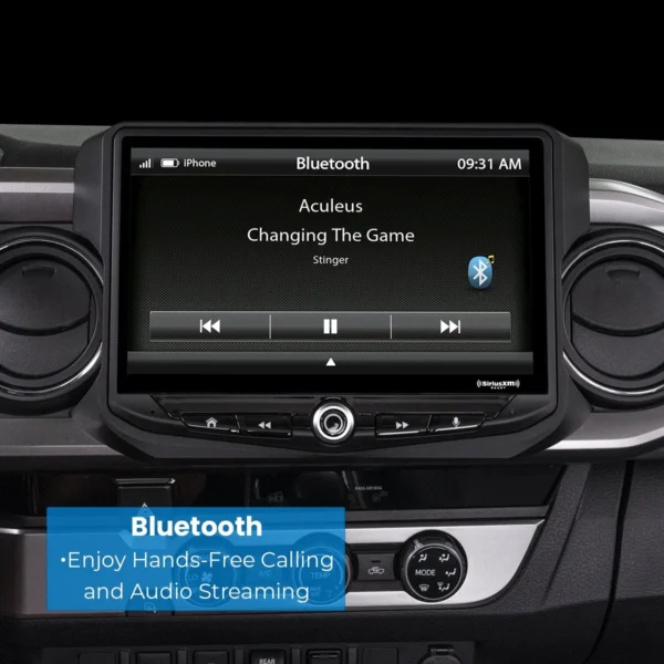 A Toyota Tacoma (2016-2021) HEIGH10 10" Touch Screen Radio Plug-and-Play Kit with bluetooth in the car.