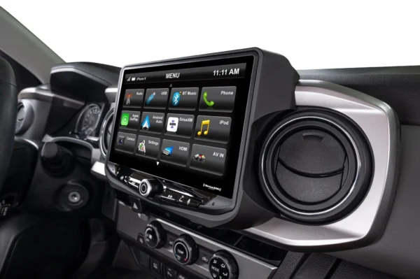 The dashboard of a Toyota Tacoma (2016-2021) HEIGH10 10" Touch Screen Radio Plug-and-Play Kit with a touch screen.