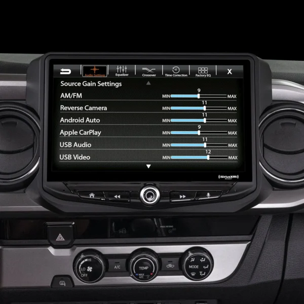 The dashboard of a Toyota Tacoma (2016-2021) HEIGH10 10" Touch Screen Radio Plug-and-Play Kit with a digital display.