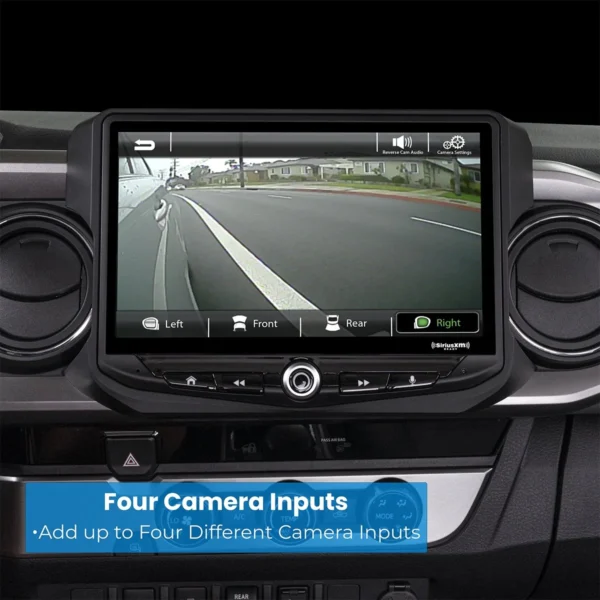 A Toyota Tacoma (2016-2021) HEIGH10 10" Touch Screen Radio Plug-and-Play Kit with a rear view camera and four camera inputs.