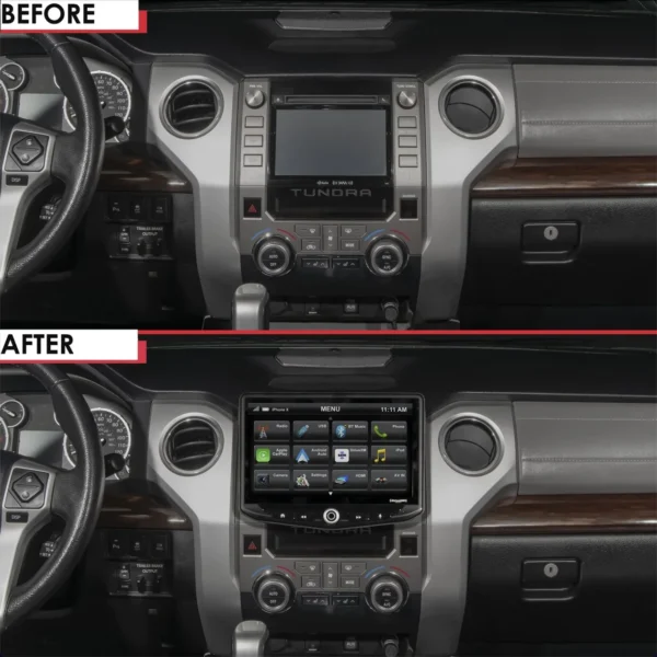 Before and after pictures of a Toyota Tundra (2014-2021) HEIGH10 10" Touch Screen Radio Plug-and-Play Kit dashboard.