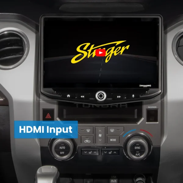 A Toyota Tundra (2014-2021) HEIGH10 10" Touch Screen Radio Plug-and-Play Kit with a hdmi input in the dashboard.